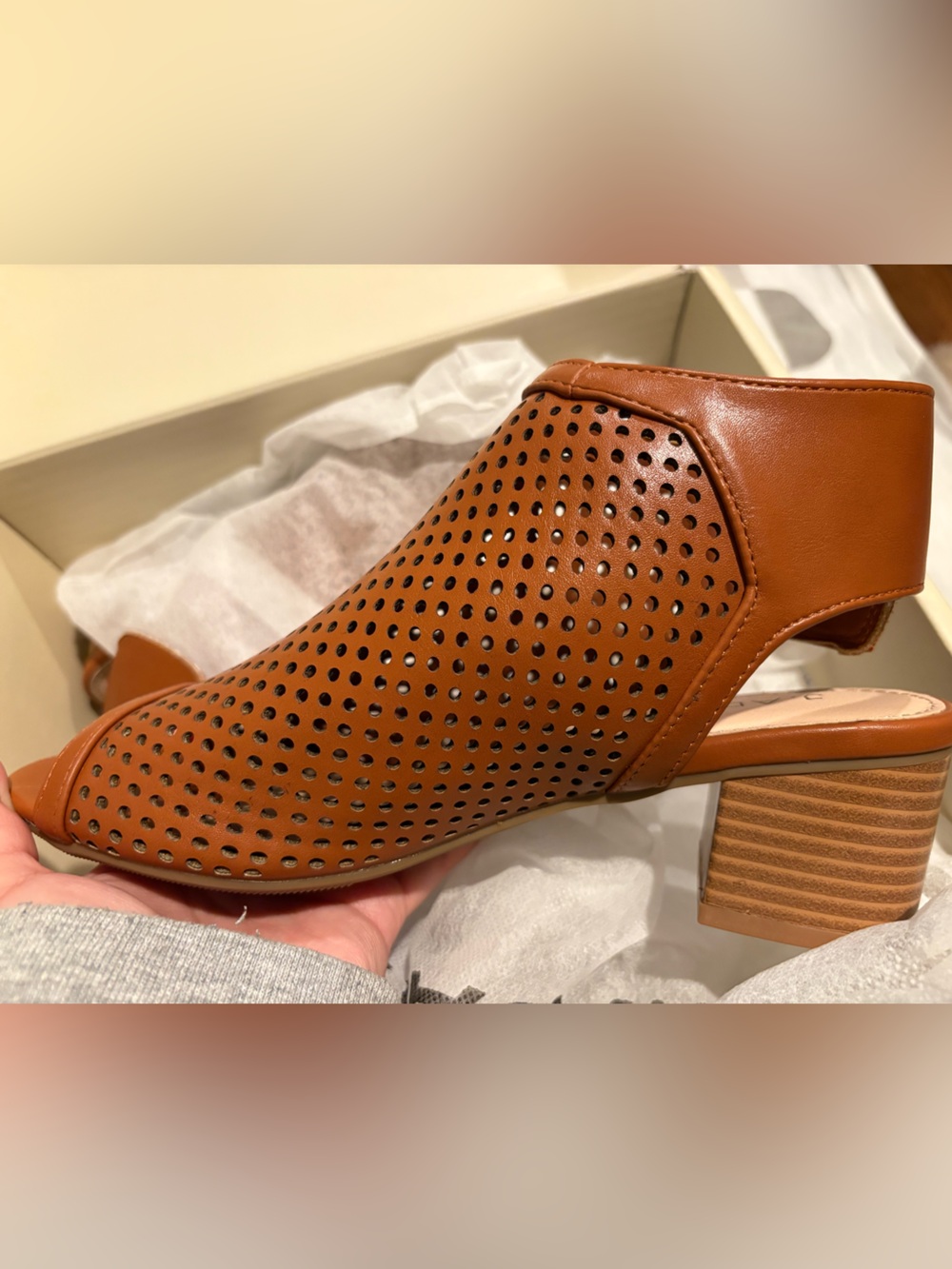Women's Perforated Cognac Leather Block Heel Mule